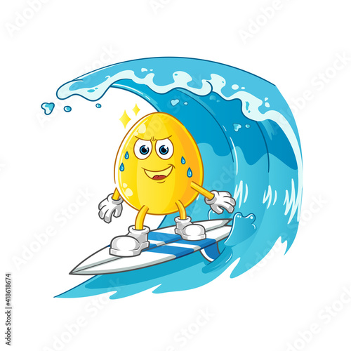 Golden egg surfing on the wave character. cartoon mascot vector