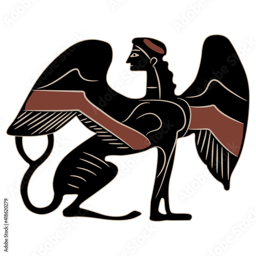 Ancient Greek sphinx. Fantastic female winged cat woman. Vase painting style. Antique mythological creature. Monochrome silhouette.