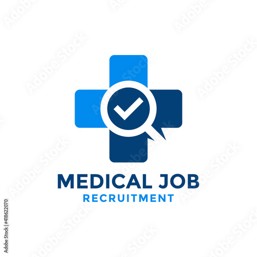 Medical job logo design template. Check search icon combined with medical cross.