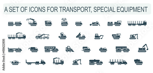 A set of vector illustrations, icons of transport, special equipment.