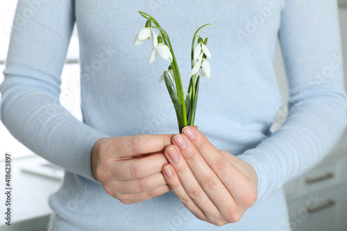 Woman holding beautiful snowdrop flowers indoors, closeup. Symbol of first spring day