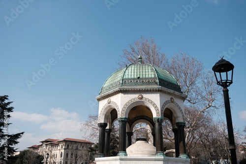 Turkey istanbul 03.03.2021.Sultanahmet square in Fatih istanbul and old ancient public fountain established by ottoman empire period with magnificent engravings and painting called as german fountain 