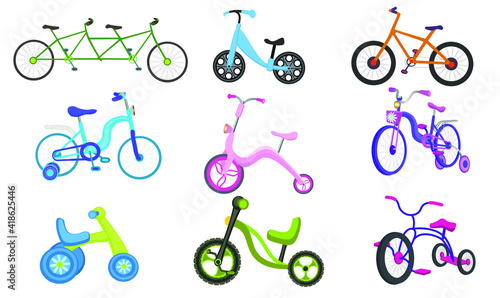 Set of nine children's bicycles. Tricycles. Bicycles for boys and girls. Vector illustration.