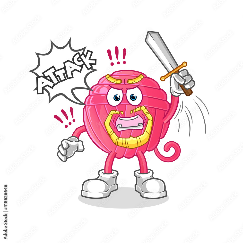 Obraz premium yarn ball knights attack with sword character. cartoon mascot vector