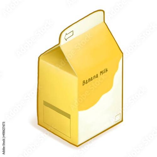 Banana milk drink, a digital painting of yellow paper box packaging of sweet fruit milky beverage isometric cartoon icon raster 3D illustration on white background.