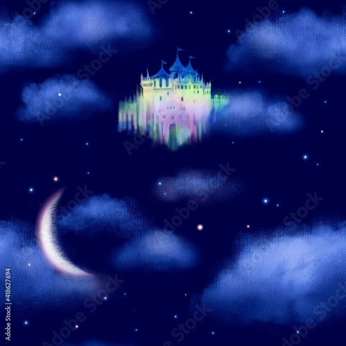 Fototapeta Naklejka Na Ścianę i Meble -  夜空と雲のうえに浮かぶカラフルな古城と輝く星と三日月の挿絵シームレスパターンイラスト