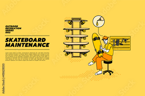 Vector illustration concept of a happy man repairing skateboard or surf skate at home.