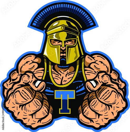 muscular trojan mascot with fists up for school, college or league