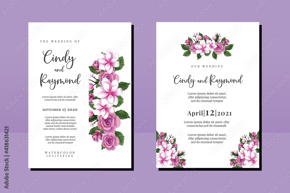 Naklejka Wedding invitation frame set, floral watercolor hand drawn Magnolia Flower design Invitation Card Template