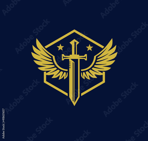 Fotografia Vector illustration of sword created with bird wings, sword wing gold color,  ba