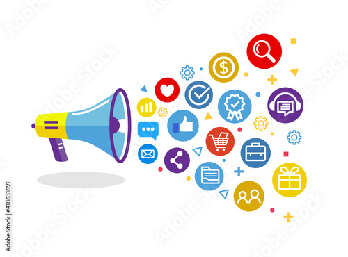 Digital marketing concept with megaphone, social media  online marketing icon