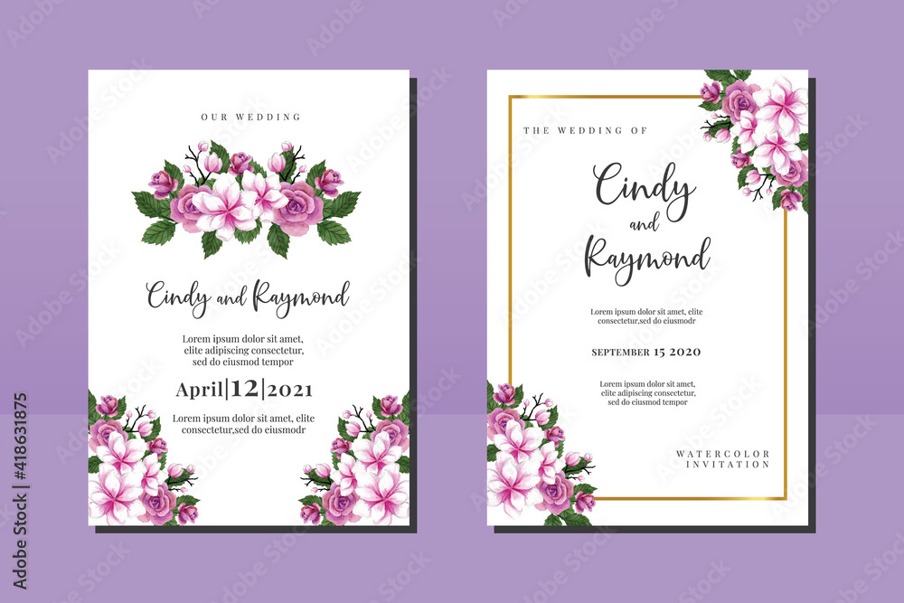 Naklejka Wedding invitation frame set, floral watercolor hand drawn Magnolia Flower design Invitation Card Template