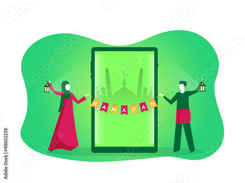 Happy Young Muslim  with Ramadan Kareem  Happy Ramadan Text on green background vector.