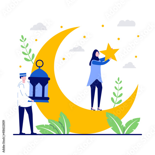Happy ramadan mubarak greeting concept with tiny people. Islamic eid fitr flat vector illustration. Can use for poster, card, background, social or print media, web banner or landing page idea.