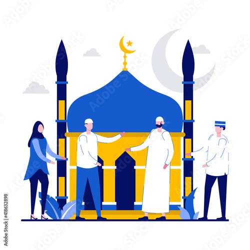 Happy ramadan mubarak greeting concept with tiny people. Muslim people go to mosque together flat vector illustration. Can use for poster, card, background, web banner or landing page idea.