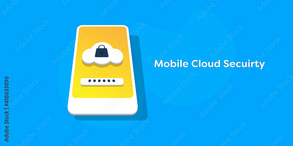Cloud computing application on mobile phone, secure cloud access, authentication, password protection, data security concept. Isometric style web banner. Cloud computing application on mobile phone, secure cloud access, authentication, password protection, data security concept. Isometric style web banner.
