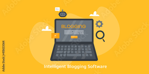 Blogging software application, intelligent content marketing software, marketing automation concept. Flat design web banner vector illustration.