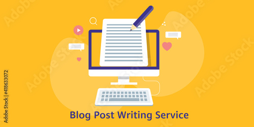 Flat design concept of professional blog post writing service, creating unique content for online business, copy writing, freelance, blogging. Flat design vector illustration web banner.