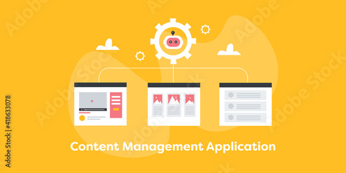 Content management system, blogging software, cms technology for content team business office concept with yellow background. Flat design web banner vector illustration.