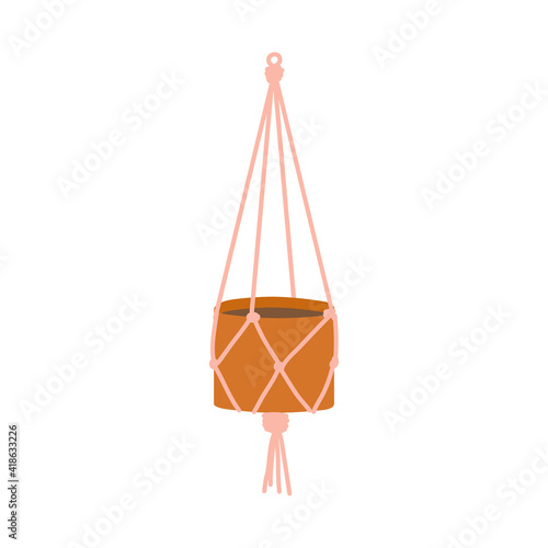 Hanging pot. Macrame hanger for plants. Home decor element. taking care of houseplants hobby. pot for groeing plant in Scandinavian style. Flat cartoon vector icon illustration.
