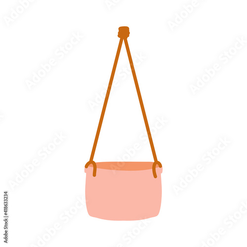 Scandinavian macrame hanging pot. Handmade home decorations made of cotton rope or cord. Hangers with potted indoor garden flowers. Hand drawn icon flat vector elements illustration