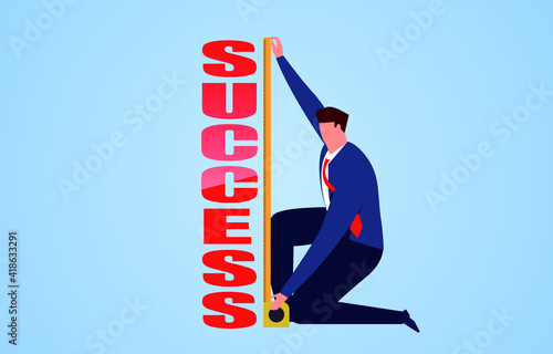 Businessman holding a tape measure to measure the height of success, distance to success, concept illustration of business success 