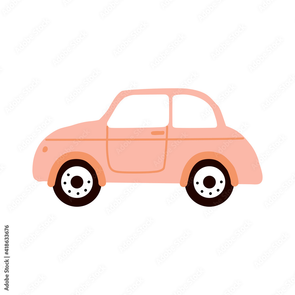 Cute colorful retro pink car icon elements illustration. Hand drawn vehicle style for design of children's rooms, clothing, textiles.