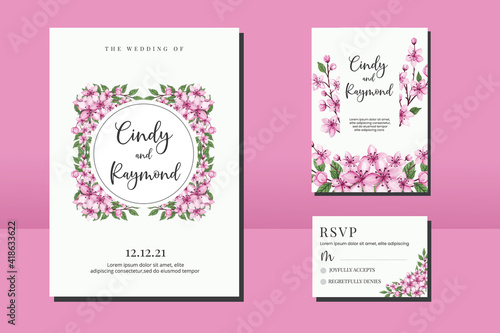 Wedding invitation frame set  floral Sakura watercolor hand drawn Cherry Blossom Flower design Invitation Card Template