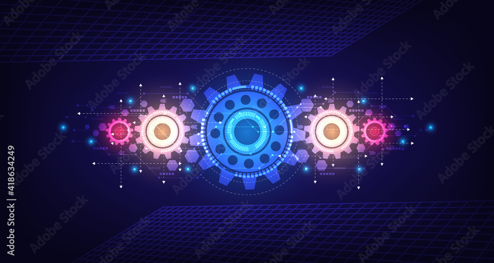 Gear wheel pattern on powder circuit, electronic light line on background.EP-8. Gear wheel pattern on powder circuit, electronic light line on background.EP-8.
