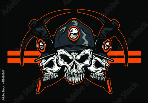 coal mining design with three skulls with crossed pickaxes and hard hats