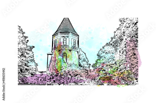 Building view with landmark of Kiel
City in Germany. Watercolour splash with hand drawn sketch illustration in vector.