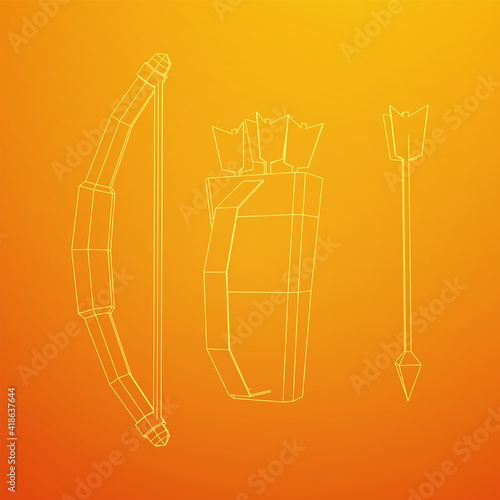 Medieval Bow and arrow archer weapon. Wireframe low poly mesh vector illustration.