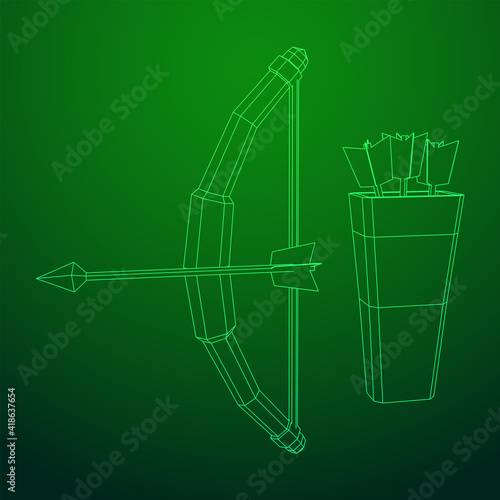 Medieval Bow and arrow archer weapon. Wireframe low poly mesh vector illustration.