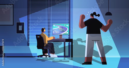 angry mother shouting at son virtual gamer playing video game on computer boy in headphones sitting in front of monitor night living room interior full length horizontal vector illustration