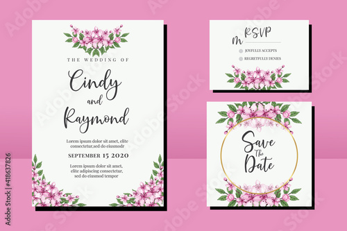 Wedding invitation frame set  floral Sakura watercolor hand drawn Cherry Blossom Flower design Invitation Card Template