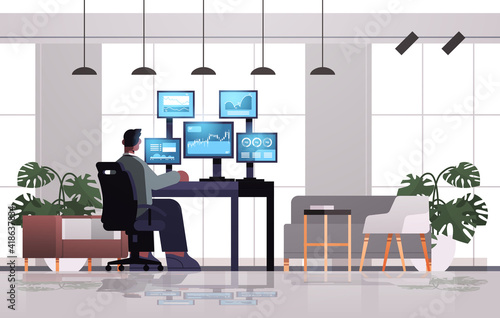 man trader stock market broker analyzing charts graphs and rates on computer monitors at workplace full length horizontal vector illustration