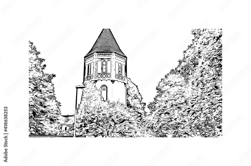 Building view with landmark of Kiel
City in Germany. Hand drawn sketch illustration in vector.