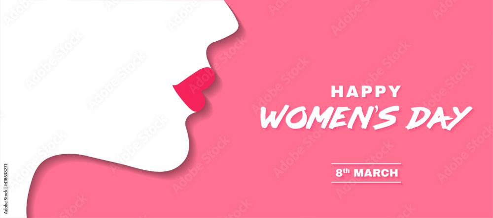 Happy International Women's Day poster design for greeting card and promotional advertisement content on social media platforms. Illustration of woman's face side profile