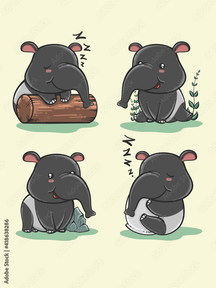 Cute cartoon tapir set in hand-drawn Cute cartoon tapir set in hand-drawn