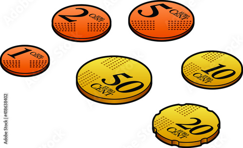 A group of stylised Euro cent coins. 1, 2, 5, 10 and 20 Euro cents.
