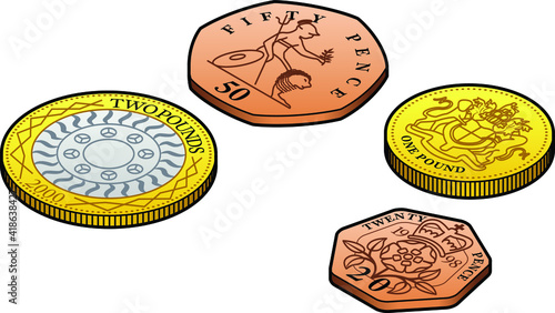 A group of stylised UK poind and penny coins. 20 and 50 pence, 1 and 2 pounds.