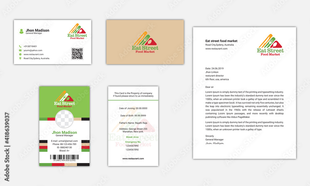 Set of corporate identity templates, Elegant branding design for restaurant or cafe, Restaurant Stationery Design.