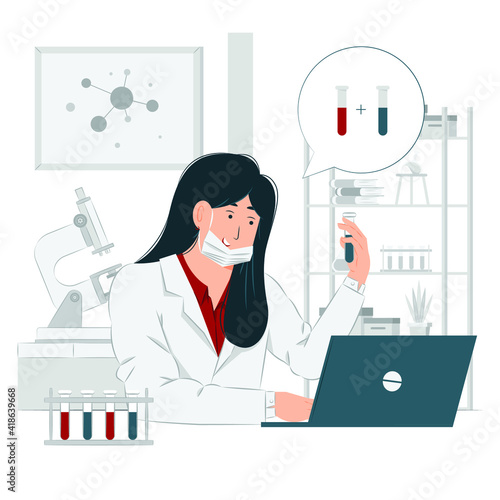 Female researcher, a girl, a woman, a lab worker, chemist at work concept illustration