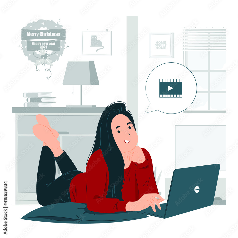 person, girl, a woman watching a movie on a laptop while lying, entertainment concept illustration person, girl, a woman watching a movie on a laptop while lying, entertainment concept illustration