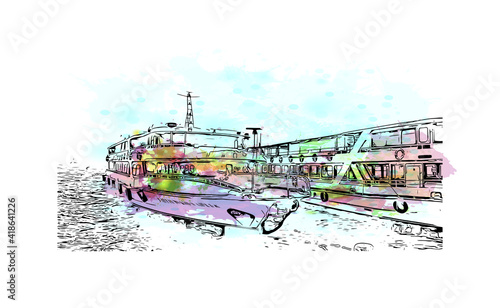 building view with landmark of Izmir is a city of Turkey. Watercolour splash with hand drawn sketch illustration in vector.
