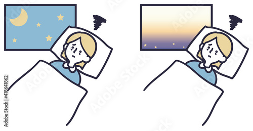 思い詰めて眠れない女性 シンプルイラスト