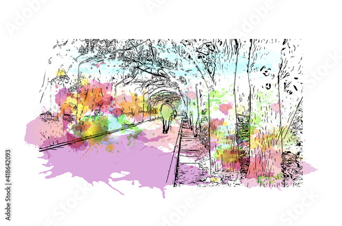 building view with landmark of Izmir is a city of Turkey. Watercolour splash with hand drawn sketch illustration in vector.