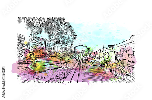 building view with landmark of Izmir is a city of Turkey. Watercolour splash with hand drawn sketch illustration in vector.