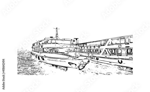 building view with landmark of Izmir is a city of Turkey. Hand drawn sketch illustration in vector.
