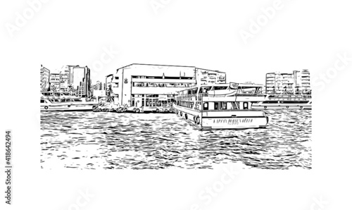 building view with landmark of Izmir is a city of Turkey. Hand drawn sketch illustration in vector.